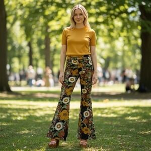 NWT Run & Fly 70's Floral High Waisted Bell Bottom Flares 30 Long Hippie Boho‎